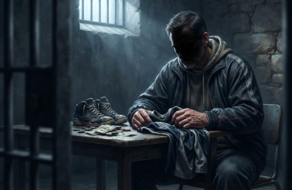 A man in a hooded jacket sits at a table in a prison cell with a pair of athletic shoes and money in front of him.