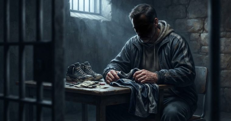 A man in a hooded jacket sits at a table in a prison cell with a pair of athletic shoes and money in front of him.