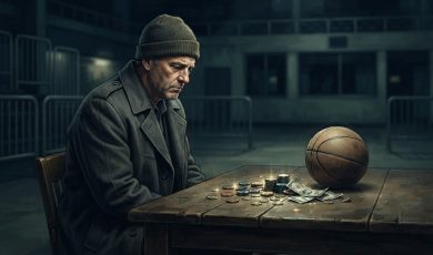 A man in a beanie and coat sits at a wooden table with a basketball and stacks of casino chips and cash.