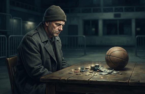 A man in a beanie and coat sits at a wooden table with a basketball and stacks of casino chips and cash.