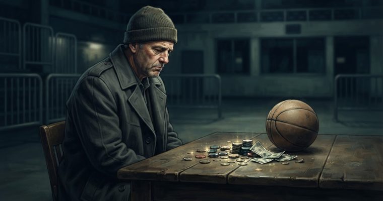 A man in a beanie and coat sits at a wooden table with a basketball and stacks of casino chips and cash.