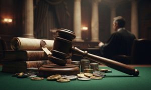 A wooden judge's gavel rests on a green felt table next to a stack of books, a scroll, and piles of coins in a courtroom setting.