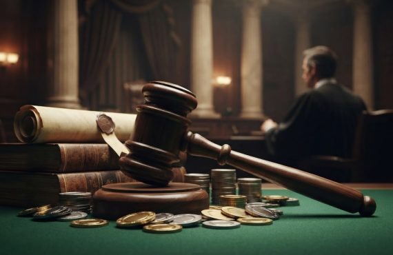 A wooden judge's gavel rests on a green felt table next to a stack of books, a scroll, and piles of coins in a courtroom setting.
