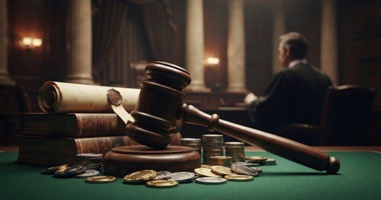 A wooden judge's gavel rests on a green felt table next to a stack of books, a scroll, and piles of coins in a courtroom setting.