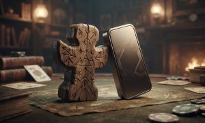 A wooden carved figure stands next to a metallic rectangular device on a table with playing cards and casino chips in a dimly lit library.