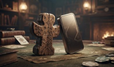 A wooden carved figure stands next to a metallic rectangular device on a table with playing cards and casino chips in a dimly lit library.