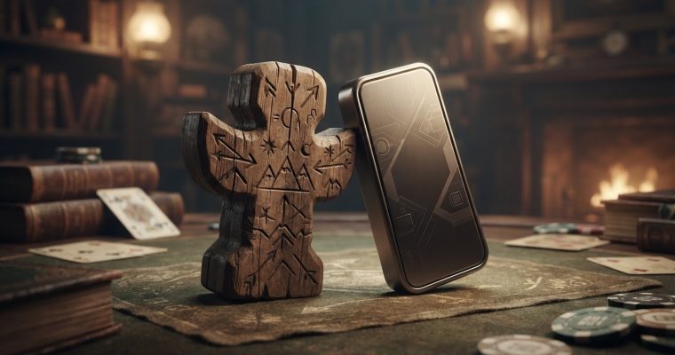 A wooden carved figure stands next to a metallic rectangular device on a table with playing cards and casino chips in a dimly lit library.