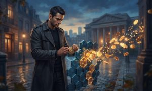 A man in a trench coat places a coin into a floating hexagonal structure as other coins scatter around a city street.