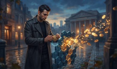 A man in a trench coat places a coin into a floating hexagonal structure as other coins scatter around a city street.