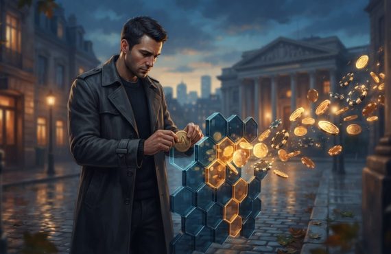 A man in a trench coat places a coin into a floating hexagonal structure as other coins scatter around a city street.