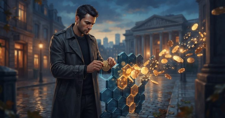 A man in a trench coat places a coin into a floating hexagonal structure as other coins scatter around a city street.