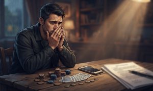 A man sits at a wooden table looking distressed with stacks of gambling chips, a deck of cards, a smartphone, and papers nearby.