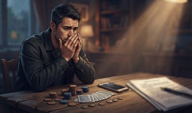 A man sits at a wooden table looking distressed with stacks of gambling chips, a deck of cards, a smartphone, and papers nearby.