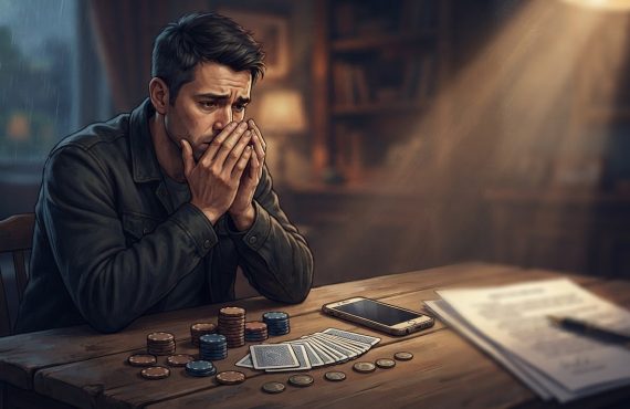 A man sits at a wooden table looking distressed with stacks of gambling chips, a deck of cards, a smartphone, and papers nearby.