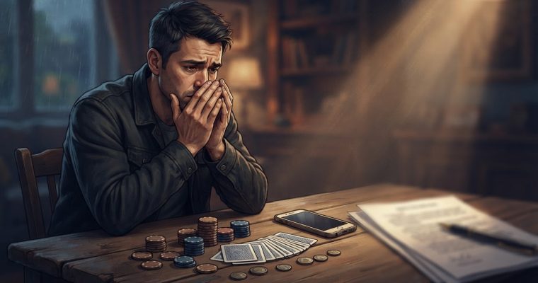A man sits at a wooden table looking distressed with stacks of gambling chips, a deck of cards, a smartphone, and papers nearby.