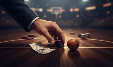 A person in a suit places gambling chips next to a basketball on a basketball court, with dice and a betting slip nearby.
