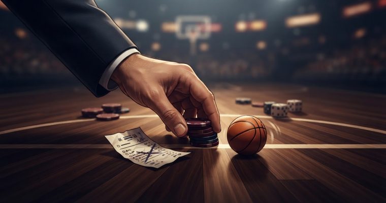 A person in a suit places gambling chips next to a basketball on a basketball court, with dice and a betting slip nearby.