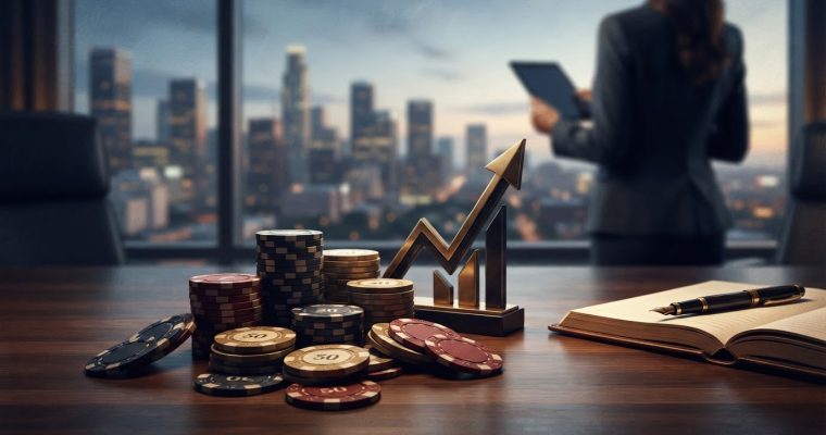 Stacks of casino chips and a golden upward-trending arrow sculpture sit on a desk in front of a window overlooking a city skyline.