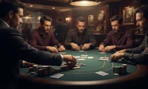 A group of men in professional attire play a game of poker at a green felt table in a dimly lit, upscale room.