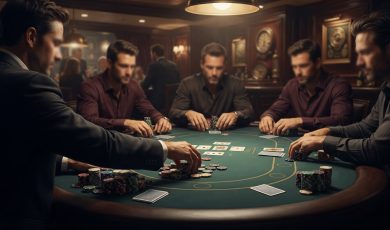 A group of men in professional attire play a game of poker at a green felt table in a dimly lit, upscale room.