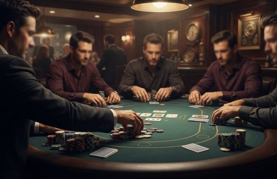 A group of men in professional attire play a game of poker at a green felt table in a dimly lit, upscale room.