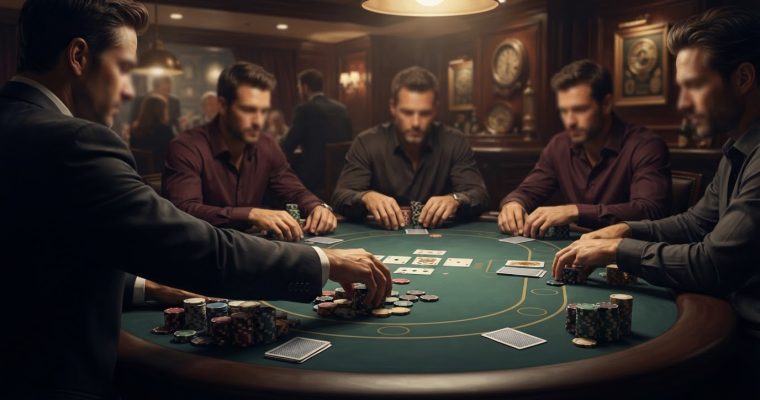 A group of men in professional attire play a game of poker at a green felt table in a dimly lit, upscale room.