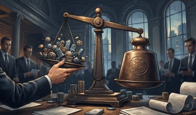 A hand holds a balance scale tray filled with gears and architectural symbols opposite a heavy weight in a room filled with people in suits.