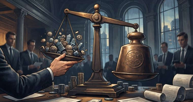 A hand holds a balance scale tray filled with gears and architectural symbols opposite a heavy weight in a room filled with people in suits.