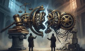 An illustration shows two men in trench coats standing before a large, fractured mechanical gear mechanism next to a courthouse gavel on a pedestal.