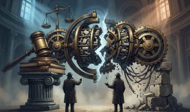 An illustration shows two men in trench coats standing before a large, fractured mechanical gear mechanism next to a courthouse gavel on a pedestal.