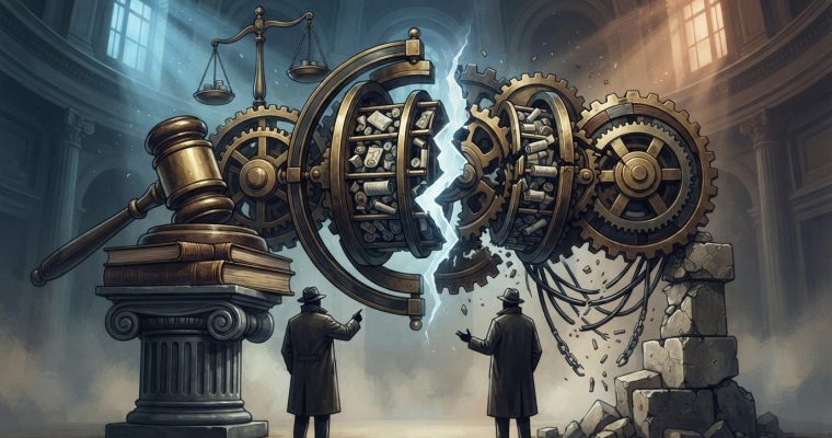 An illustration shows two men in trench coats standing before a large, fractured mechanical gear mechanism next to a courthouse gavel on a pedestal.