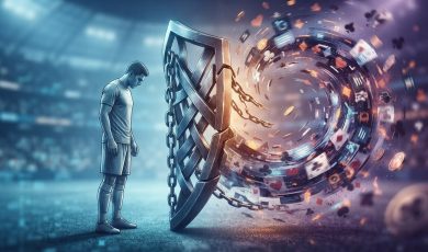 A dejected soccer player stands behind a large metal shield, blocking a swirling vortex of gambling cards and casino chips.