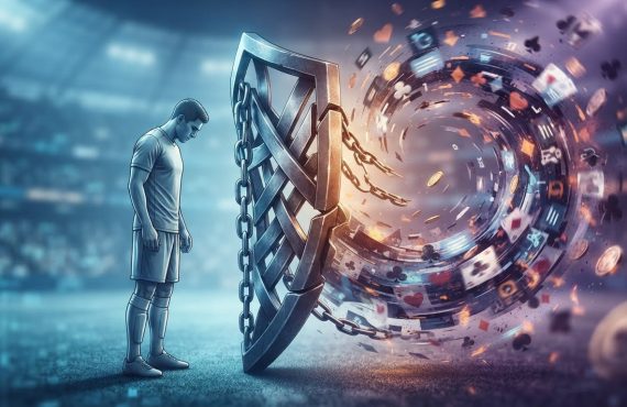 A dejected soccer player stands behind a large metal shield, blocking a swirling vortex of gambling cards and casino chips.