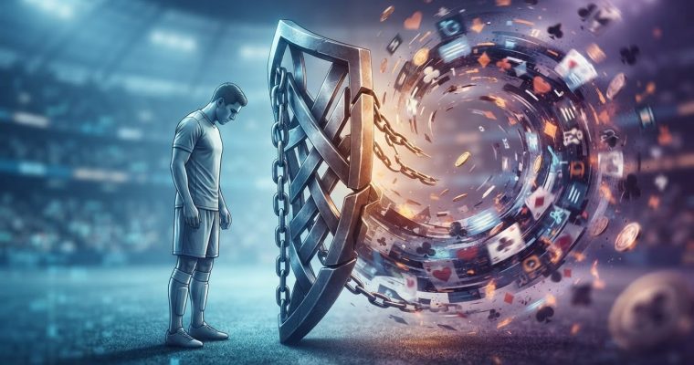 A dejected soccer player stands behind a large metal shield, blocking a swirling vortex of gambling cards and casino chips.
