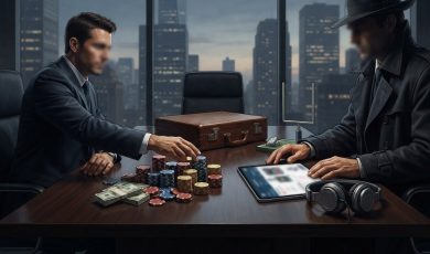 A man in a suit and another in a trench coat sit across from each other at a boardroom table filled with gambling chips and money.