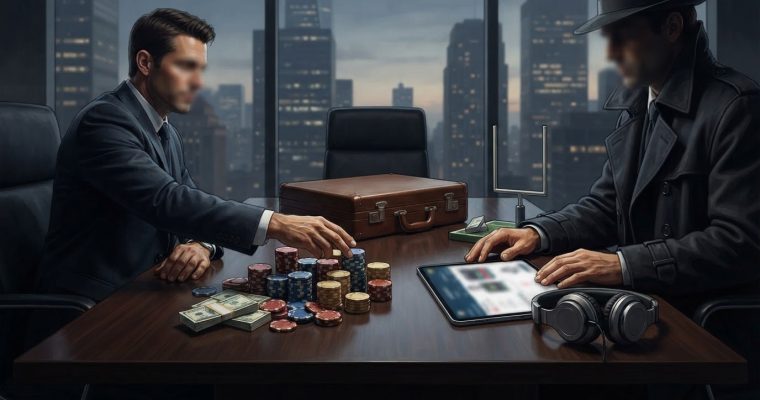 A man in a suit and another in a trench coat sit across from each other at a boardroom table filled with gambling chips and money.