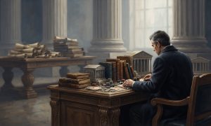A man in a suit sits at a desk in a classical building, surrounded by books, stacks of paper, and gambling chips.