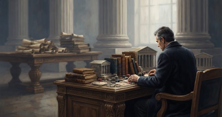 A man in a suit sits at a desk in a classical building, surrounded by books, stacks of paper, and gambling chips.