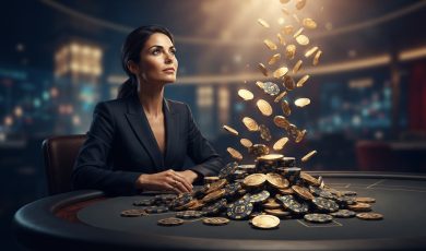 A woman in a professional suit sits at a dark casino table with stacks and floating gold coins.
