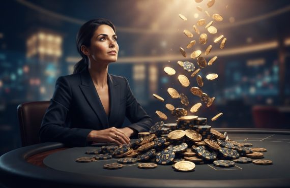 A woman in a professional suit sits at a dark casino table with stacks and floating gold coins.