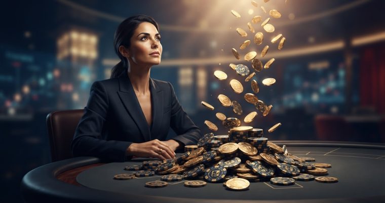 A woman in a professional suit sits at a dark casino table with stacks and floating gold coins.