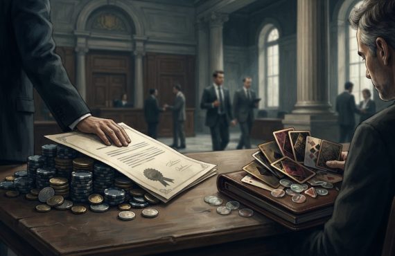A formal courtroom setting where a person places a legal document atop stacks of gambling chips while another person examines playing cards.