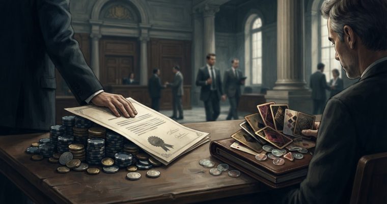 A formal courtroom setting where a person places a legal document atop stacks of gambling chips while another person examines playing cards.