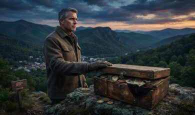 A man in a heavy coat stands on a rocky overlook, resting his gloved hand on an open wooden chest containing gambling items, with mountains in the background.