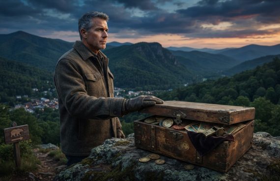 A man in a heavy coat stands on a rocky overlook, resting his gloved hand on an open wooden chest containing gambling items, with mountains in the background.