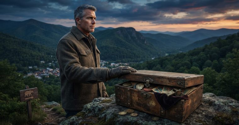 A man in a heavy coat stands on a rocky overlook, resting his gloved hand on an open wooden chest containing gambling items, with mountains in the background.
