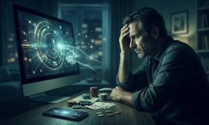 A stressed man sits at a desk with poker chips and cards, looking at a computer screen that displays a glowing digital interface.