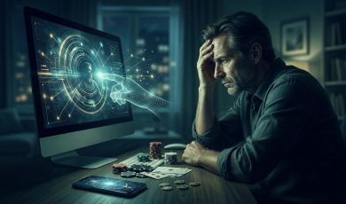 A stressed man sits at a desk with poker chips and cards, looking at a computer screen that displays a glowing digital interface.