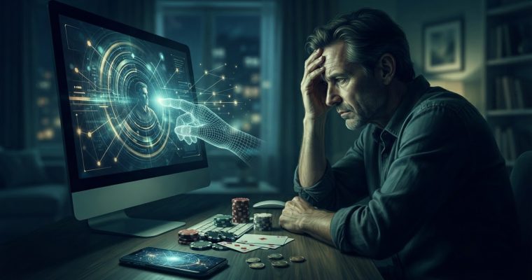 A stressed man sits at a desk with poker chips and cards, looking at a computer screen that displays a glowing digital interface.