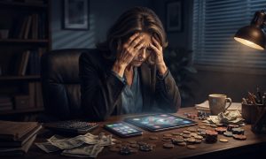 A woman sits at a desk with her head in her hands, surrounded by scattered cash and gambling chips, while looking at electronic devices.